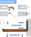 Installation guide for Black Heavy Duty Shelf Brackets 2 Pack with tools, screws, and steps to mount on wall.