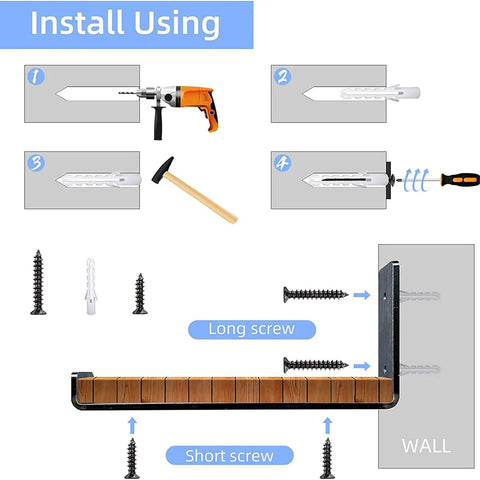 Installation guide for Black Heavy Duty Shelf Brackets 2 Pack with tools, screws, and steps to mount on wall.
