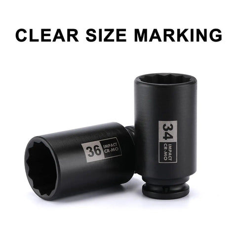 Deep Axle Nut Impact Socket Set For Half Inch Drive With 12 Point Design In CR MO Steel showing 34mm and 36mm sockets