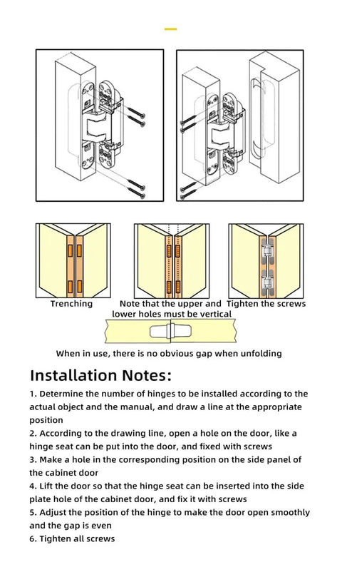Illustration of Heavy Duty Invisible Hinge For Wooden Doors, 100kg Load, Rust Resistant 304 Stainless Steel, 3D Adjustable Concealed Hinge, TE 540 Style installation process showing trenching and tightening instructions.