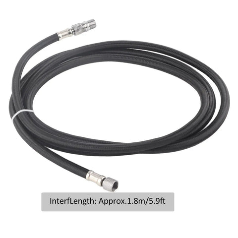 Badass Durable Nylon Airbrush Hose Spanning 1.8 Meters with Universal 1 8 Interface coiled, showing durable black nylon material and fittings.