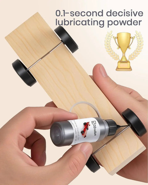 Graphite Powder For Pinewood Derby Cars Half Ounce Dry Lubricant for Axle and Wheel Use applicator shown on toy car axle
