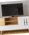 European Carving Handle 8.46 Inch Antique Bronze Cabinet Pulls installed on a white and wood cabinet under TV