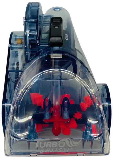 Front view of Pro Heat Turbo Brush Attachment For Deep Carpet Cleaning And Upholstery, transparent housing, red bristles