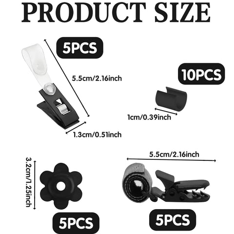 All Season Garden Flag Stoppers And Clips Kit size details with 5 clips, 10 rubber ends, 5 stoppers, and dimensions shown