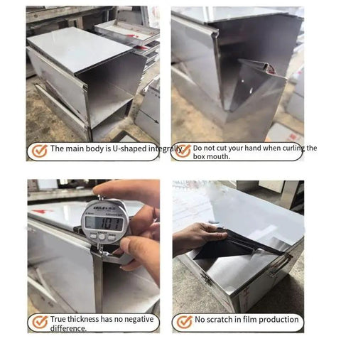 Industrial Grade Badass Rolling Tool Chest Stainless Steel Shop Rig For Garage Storage showing U-shaped body and thickness measurement.
