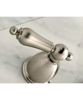 Heritage Roman Tub Faucet knob in brushed nickel, solid brass construction, wall mount installation, elegant tub filler fixture detail.