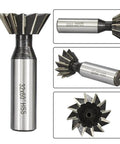 Dovetail milling cutter with HSS end mill head and cylindrical steel shank; front and side views.