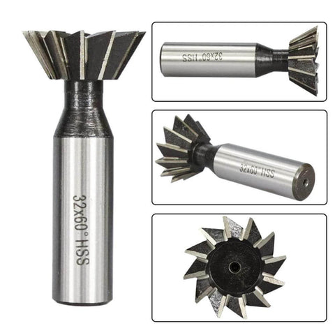 Dovetail milling cutter with HSS end mill head and cylindrical steel shank; front and side views.