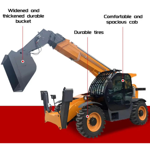 Built Tough Heavy Duty 4WD Telescopic Handler For Construction Sites featuring a widened bucket, durable tires, and spacious cab.
