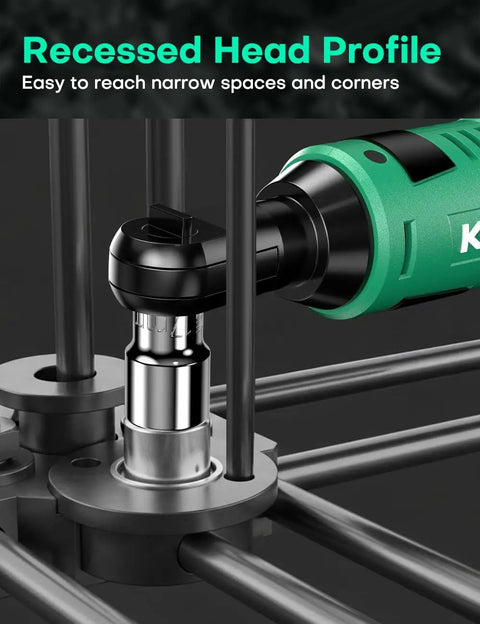 Cordless Electric Ratchet Wrench Set Delivers Forty Foot Pounds Of Torque At Four Hundred RPM Twelve Volt in use in tight space
