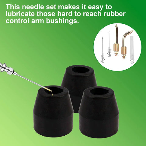 Pro Grade Grease Gun Needle Tips Set With Straight And Bent Nozzles Dispenser Fittings For Precision Lubrication shown near rubber bushings