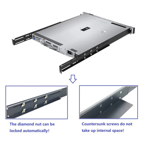 Adjustable Four Post Server Shelf Rails For Network Cabinets Rock Solid Cold Rolled Steel Mount Brackets No Sweat Install Fits Nineteen To Thirty Inch Frames Top Shelf Rig Pack Of Two showing installation features and design.