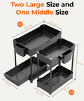 Three Pack Under Sink Organizers With Smooth Sliding Drawers And Heavy Duty Mesh Bins, Adjustable Kitchen Cabinet Storage Rack For Quick Access, featuring two large and one middle size, black mesh bins.