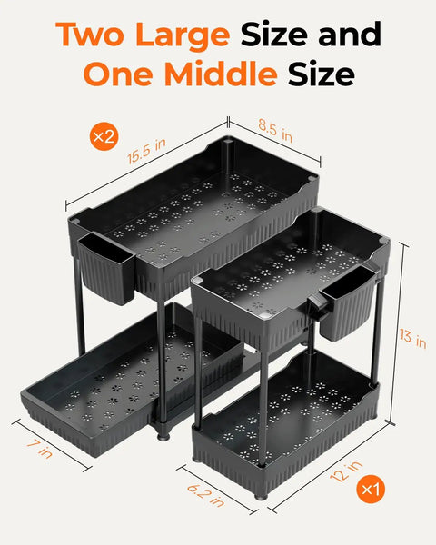 Three Pack Under Sink Organizers With Smooth Sliding Drawers And Heavy Duty Mesh Bins, Adjustable Kitchen Cabinet Storage Rack For Quick Access, featuring two large and one middle size, black mesh bins.