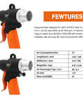 Dual Function Air Vacuum And Blow Gun For Dust Cleanup with specs, showing orange handle and nozzle attachments for cars, workshops, home use.
