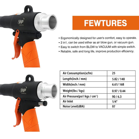Dual Function Air Vacuum And Blow Gun For Dust Cleanup with specs, showing orange handle and nozzle attachments for cars, workshops, home use.