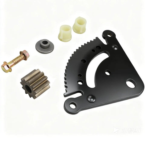 Lawn Mower Steering Sector Gear Kit Swap In With Sector Plate GX21924BLE And Pinion Gears GX20053 GX20054 GX21994 For LA100 LA102 LA115 LA125 LA130 LA135 D Series Tractors Replacement Assembly. Image shows sector plate, pinion gear, and bushings.