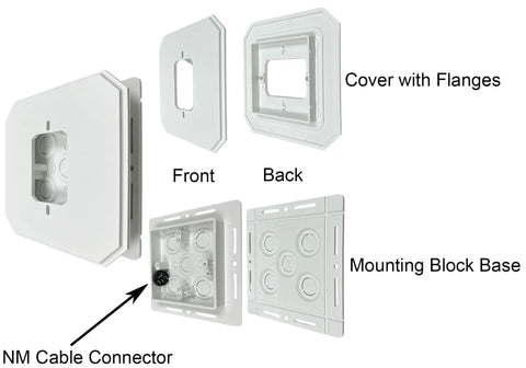 Non-Metallic Universal Siding Mounting Block For Exterior Light Fixtures And Receptacles With Flanges, 6.5 Inch By 6.5 Inch Cover, White, 2 Pack, Built-In Electrical Box For Extra Structural Support, front and back views