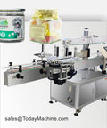 Rock Solid Automatic Self Adhesive Labeling Machine For Round And Flat Pet Glass Bottles, showing labels on jars with sweets and dog treats.