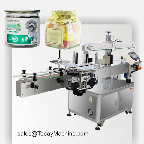 Rock Solid Automatic Self Adhesive Labeling Machine For Round And Flat Pet Glass Bottles, showing labels on jars with sweets and dog treats.