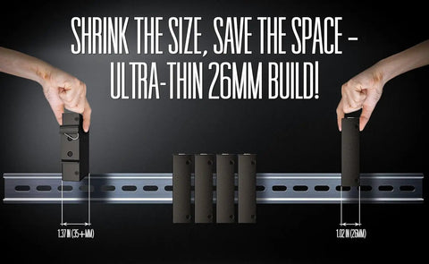 Plug And Play Open SFP Slot DIN Rail Gigabit Ethernet Switch showing 26mm slim build on rail