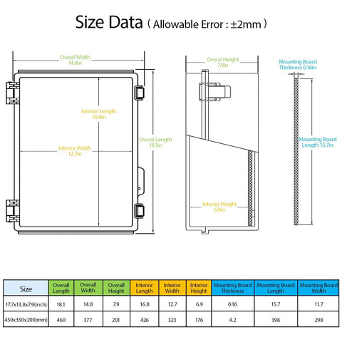 Dimensions diagram for IP67 Waterproof Electrical Junction Box With Hinged Cover And Stainless Steel Latch Durable ABS Plastic Enclosure