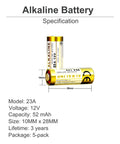Top-Shelf 23A 12V Alkaline Batteries 5-Pack MN21 specifications showing size, voltage, and capacity details.