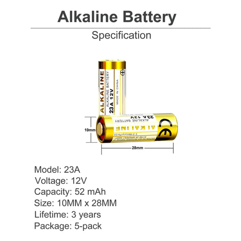 Top-Shelf 23A 12V Alkaline Batteries 5-Pack MN21 specifications showing size, voltage, and capacity details.