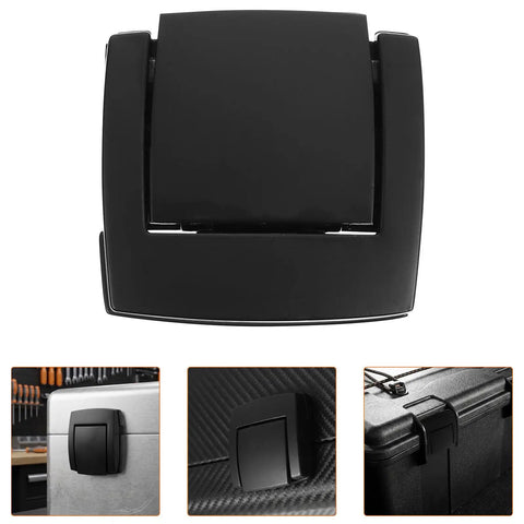 Black Alloy Metal Latch Set With Flatbottom Keyless Toggle Design For Suitcases And DIY Chests, showing top view and applications