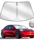 Tesla Model 3 Y Sun Shade Upgraded Foldable Front Sunshade With Light Blocking UV Protection Fabric alongside red Tesla Model 3