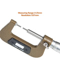 Compact 0 To 25 Mm Mechanical Outer Diameter Micrometer featuring a thin rod throat for precise measurements and calibration.
