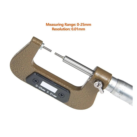 Compact 0 To 25 Mm Mechanical Outer Diameter Micrometer featuring a thin rod throat for precise measurements and calibration.