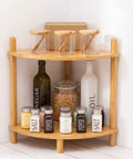 Expandable Bamboo Corner Shelf Stand 2 To 5 Tier Bookshelf For Living Room, Home Office, And Garage, holding jars and bottles