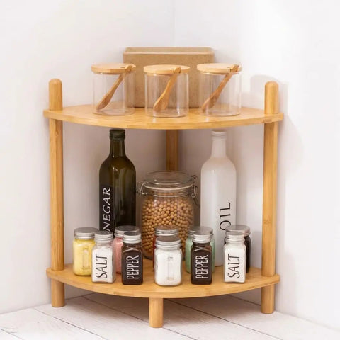 Expandable Bamboo Corner Shelf Stand 2 To 5 Tier Bookshelf For Living Room, Home Office, And Garage, holding jars and bottles