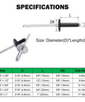 Beefy Heavy Duty Large Flange Aluminum Blind Rivets For Metal Three Sixteenth Inch By Five Eighth Inch Grip Four Point Eight By Sixteen Millimeter Pop Rivets Pro Grade 50 Piece Pack DIY Projects And Repairs, showing specifications and dimensions
