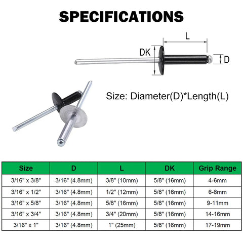 Badass Grip 50 Pack 3/16 x 3/8 Large Flange Black Aluminum Blind Rivets specifications including size and dimensions.