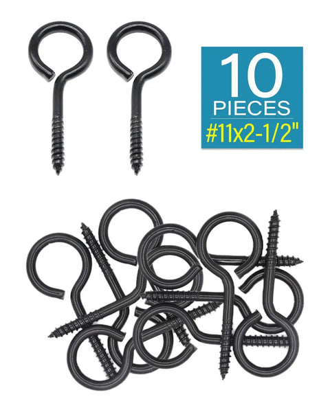 Two and a Half Inch Black Screw Eyes for Wood and Cable, 304 Stainless Steel Eye Bolts Number 11, 10 pack, close-up view