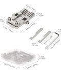 Universal Key Clamping Fixtures Set With Storage Box For Key Cutting Machines featuring dimensions of fixtures, plates, wrench, and case.