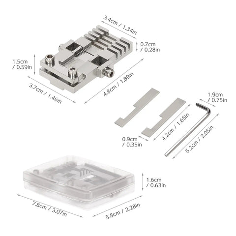 Universal Key Clamping Fixtures Set With Storage Box For Key Cutting Machines featuring dimensions of fixtures, plates, wrench, and case.