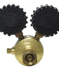 Front view of Patriot Series Acetylene Regulator With A Outlet Connection And CGA200 Inlet, brass body, black knobs, single stage.