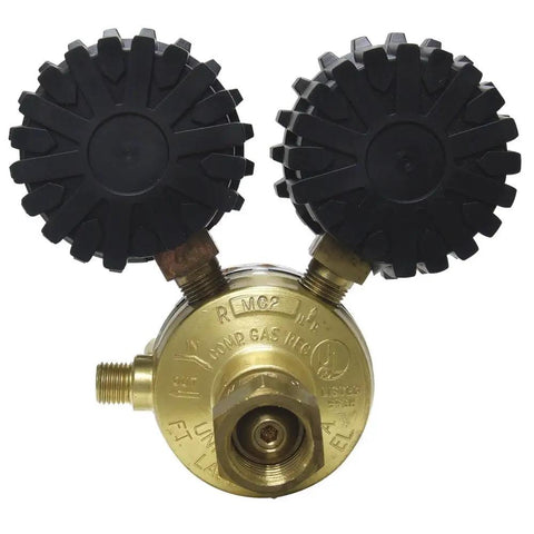 Front view of Patriot Series Acetylene Regulator With A Outlet Connection And CGA200 Inlet, brass body, black knobs, single stage.