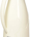 Euro Carafe 1 Liter White Plastic With Vacuum Glass Liner For Hot Beverages Keeps Heat For Hours 34 Ounce Capacity Dishwasher Safe Except Lid Made In Japan, side view showing handle and spout