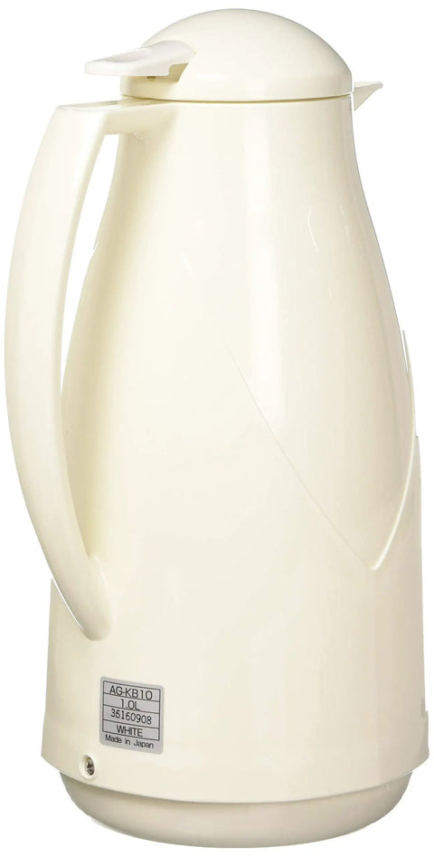 Euro Carafe 1 Liter White Plastic With Vacuum Glass Liner For Hot Beverages Keeps Heat For Hours 34 Ounce Capacity Dishwasher Safe Except Lid Made In Japan, side view showing handle and spout