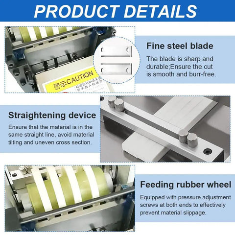 Close-up of Heavy Duty Automatic Heat Shrink Tube Cutter With Micro Computer Control 110V showing fine steel blade and straightening device.