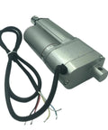 Built Tough Electric Linear Actuator Featuring Inline Safety Brake, 50mm Travel Stroke, Boss Level 1500N Push Pull Force, Plug And Play DC 12V 24V 36V 48V Power Delivery, silver motor with wires.