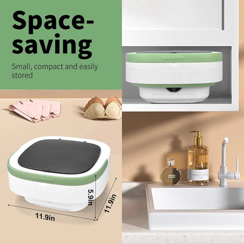 Slick Portable Washing Machine With Dependable Spin Basket, Foldable Mini Washer For Apartment Or College Dorm, Three Cycle Deep Clean Collapsible Laundry Tub In Green in compact storage.