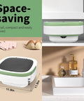 Slick Portable Washing Machine With Handy Foldable Spin Basket And Breezy Quick Wash Cycles No Sweat Compact Space Saver Sweet Deal For Hotels Apartments Dorms And Weekend Getaways stored under a counter, showcasing its compact design.