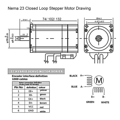 1 To 5 Axis Nema23 Closed Loop Stepper Motor Kit With Encoder For CNC Machines, Hybrid DC Servo Drive, 1.2Nm 2Nm 3Nm Torque Options, Ready To Boost Precision Milling, Cutting, And Engraving. technical drawing with encoder wiring and dimensions