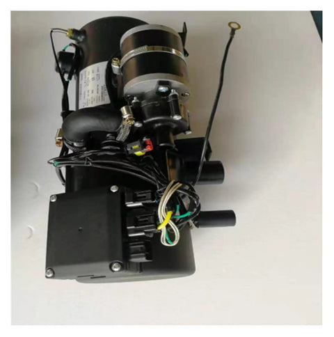 12V Diesel Truck Parking Heater With Water Cooling System showing top view with hoses, wiring and black casing for cab warmth.